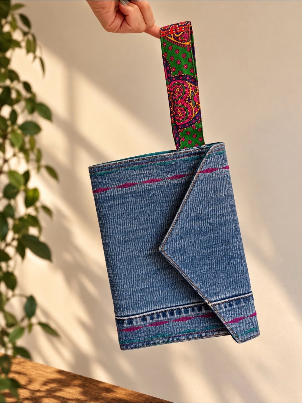 The Gypsy Clutch- Denim Fold-Over Clutch with Green Paisley Boho Wristlet Strap